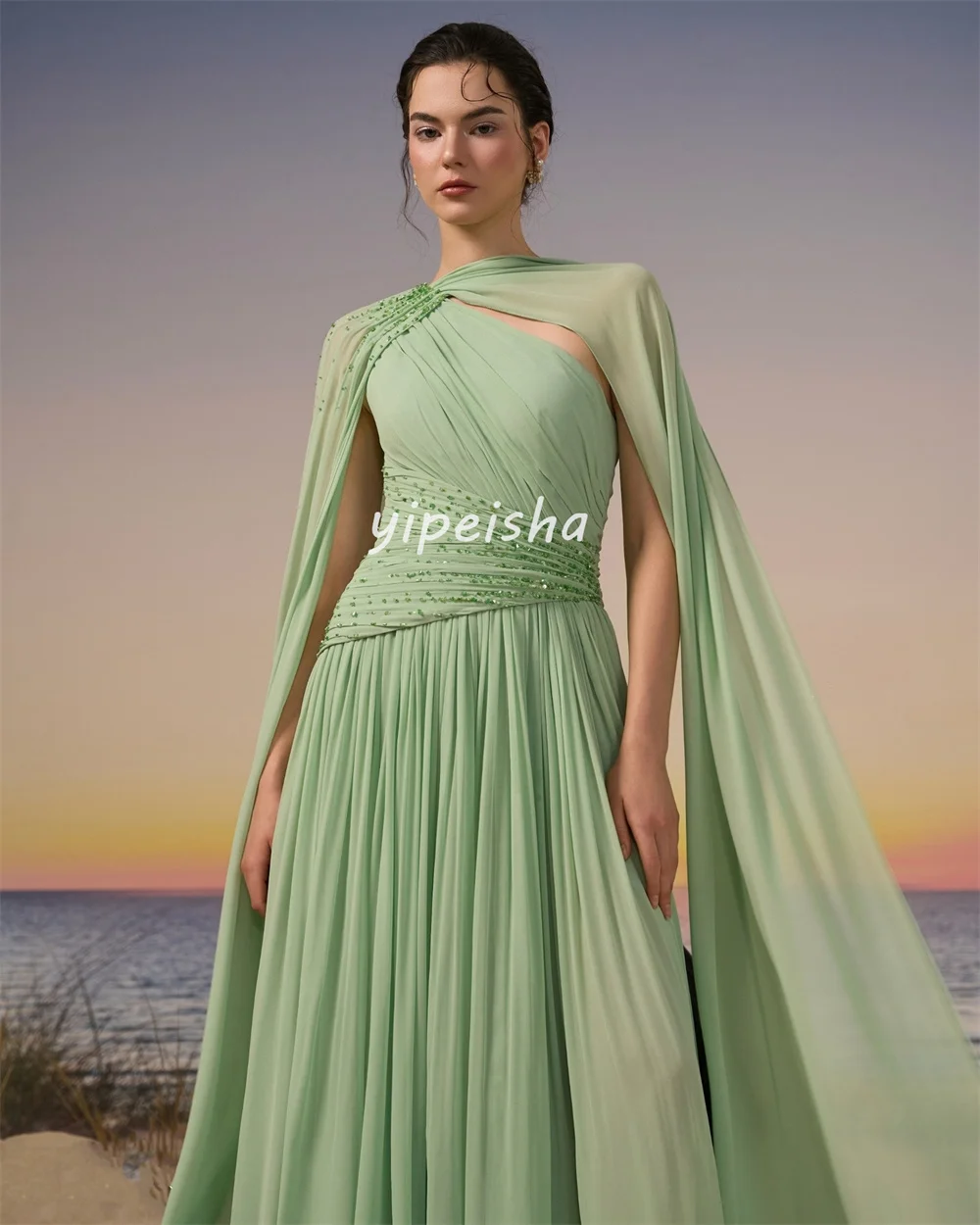 Customized Matching Fashion Chiffon Pleat Ruched Draped Beading Sequined A-line High Collar Long Dresses Evening Dresses Retro