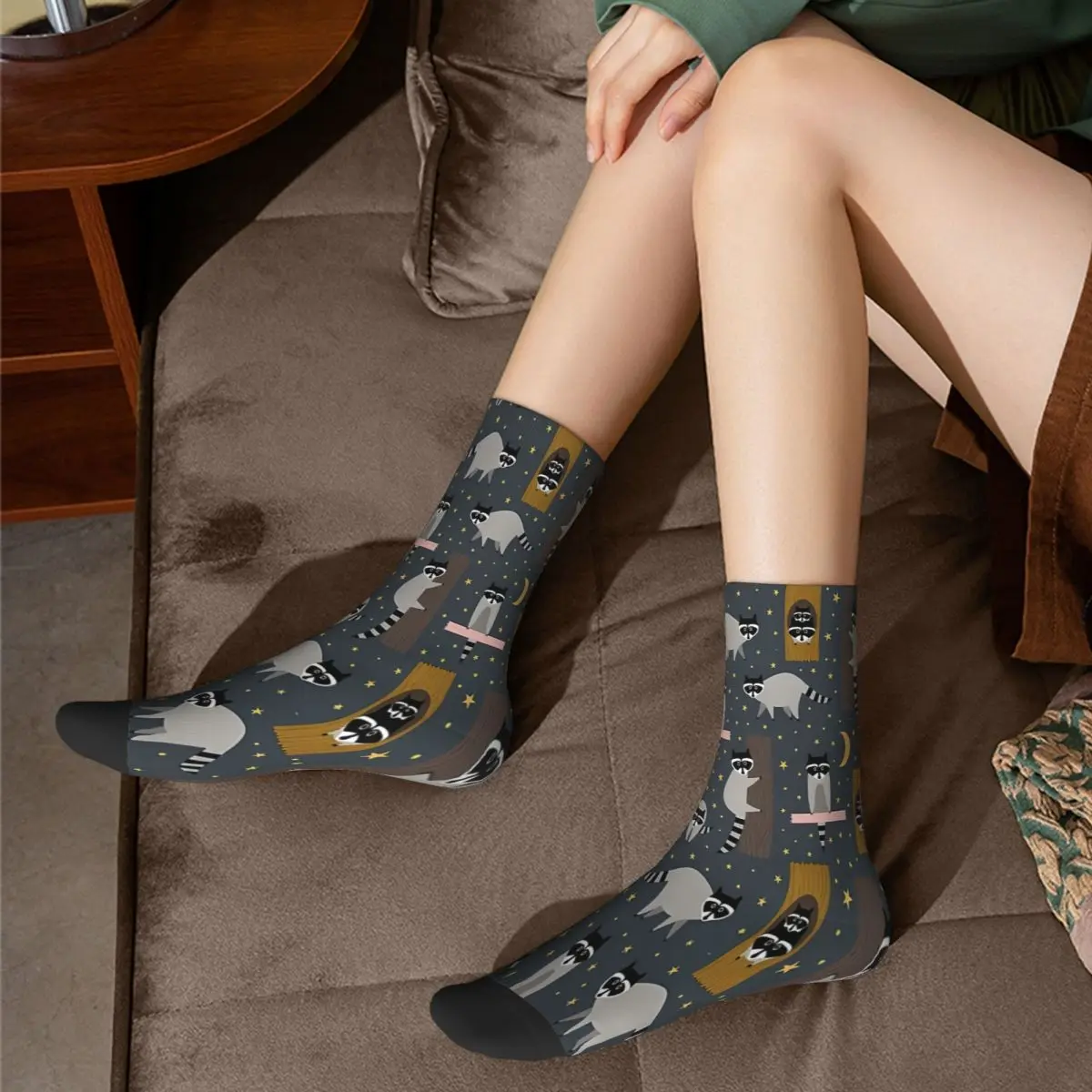 Family At Night Raccoon Socks Male Mens Women Winter Stockings Polyester