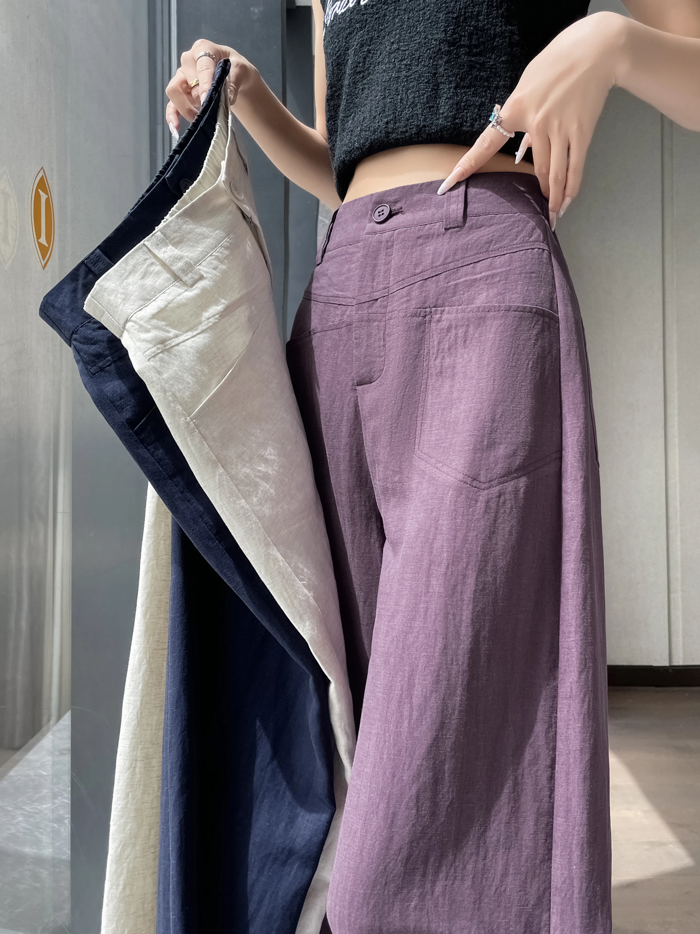 

Summer Thin High Waist Loose Straight Cut Linen Wide Leg Pants Women Casual Long Pants Comfortable High Waist Straight...