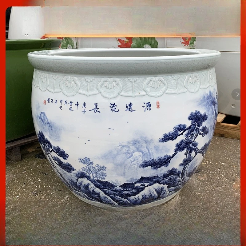 Ceramic fish tank blue and white dragon pattern household living room water lily lotus koi tank