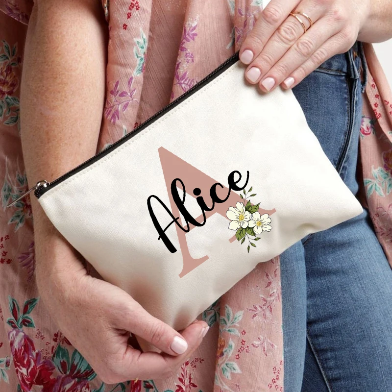 Floral Letters Custom Name Makeup Bag Best Gift for Bridesmaid Teachers Friends Women Purse Personalise Gift for Birthday