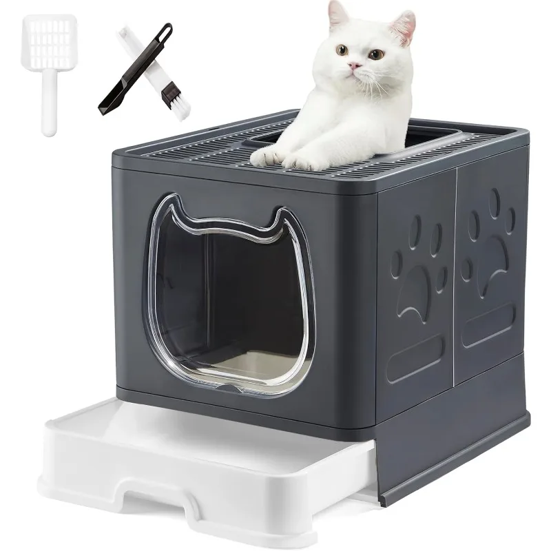 Litter Box with Lid for Small to Medium Cats, Enclosed Cat Litter Box with Cover，High Sided Top Entry Cat Box with Brush