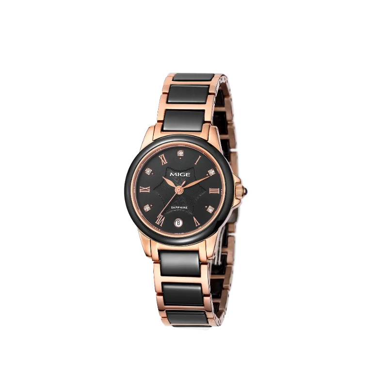 Elegant MIGE Women Quartz Wrist Watch, White Ceramic Steel Band, Star Pattern Dial, Crystal Markers, Date Function Sapphire Ladi
