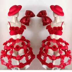 Valentine's Day Costume Red Rose Flower Tiered Skirt Dance Outfit Adult Carnival Party Bar Nightclub Performance Sexy Stage Wear