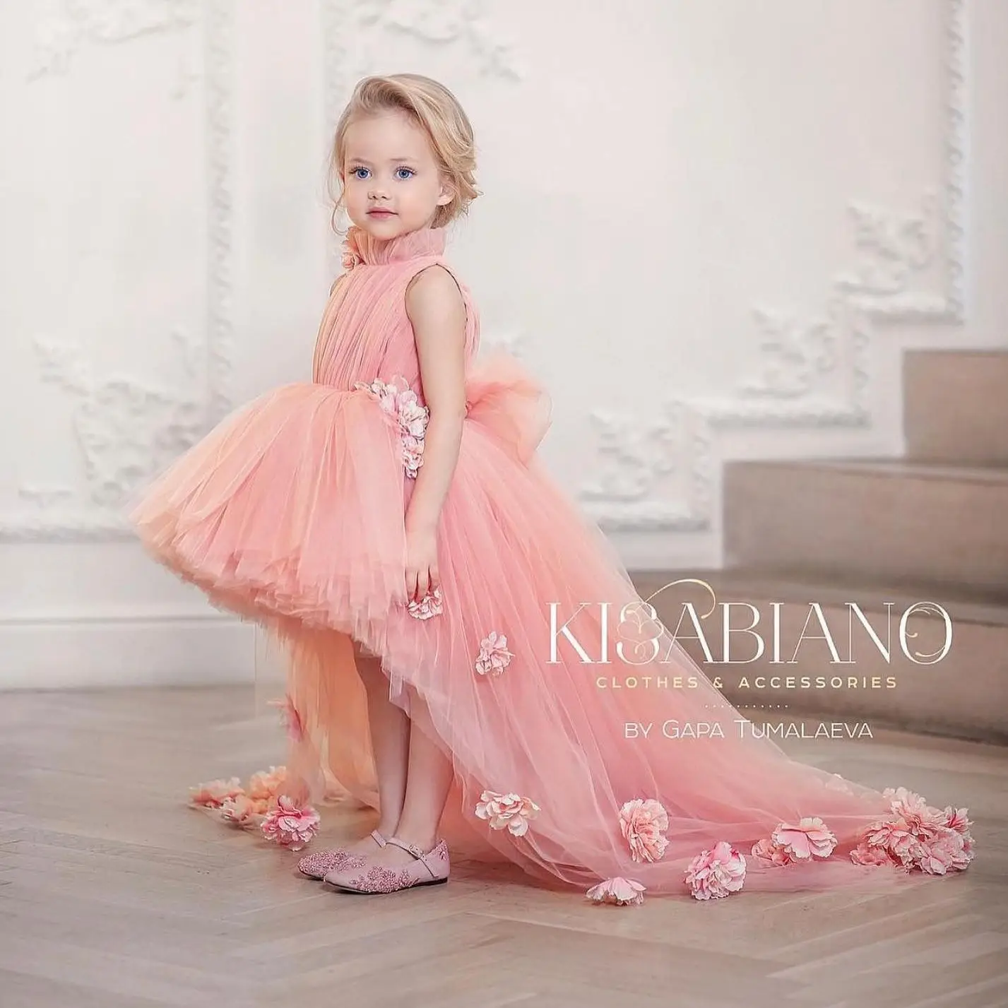 

Pink Hi-Lo Flower Girl Dress Floral Wedding Party Puffy High Neck Princess Holy First Communion Dress Kids Birthday Gowns