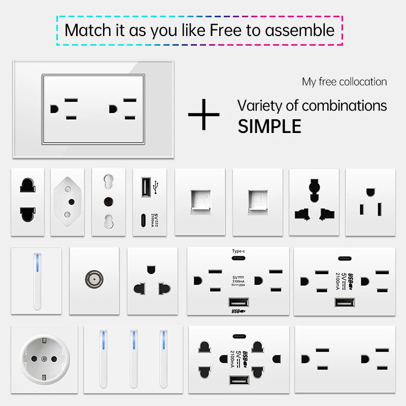 PSSRISE Brazil EU US Wall Power Socket with 5V 2.1A USB Type-c Charger Tempered Glass Panel Light Switch Wall Outlet 118*74mm