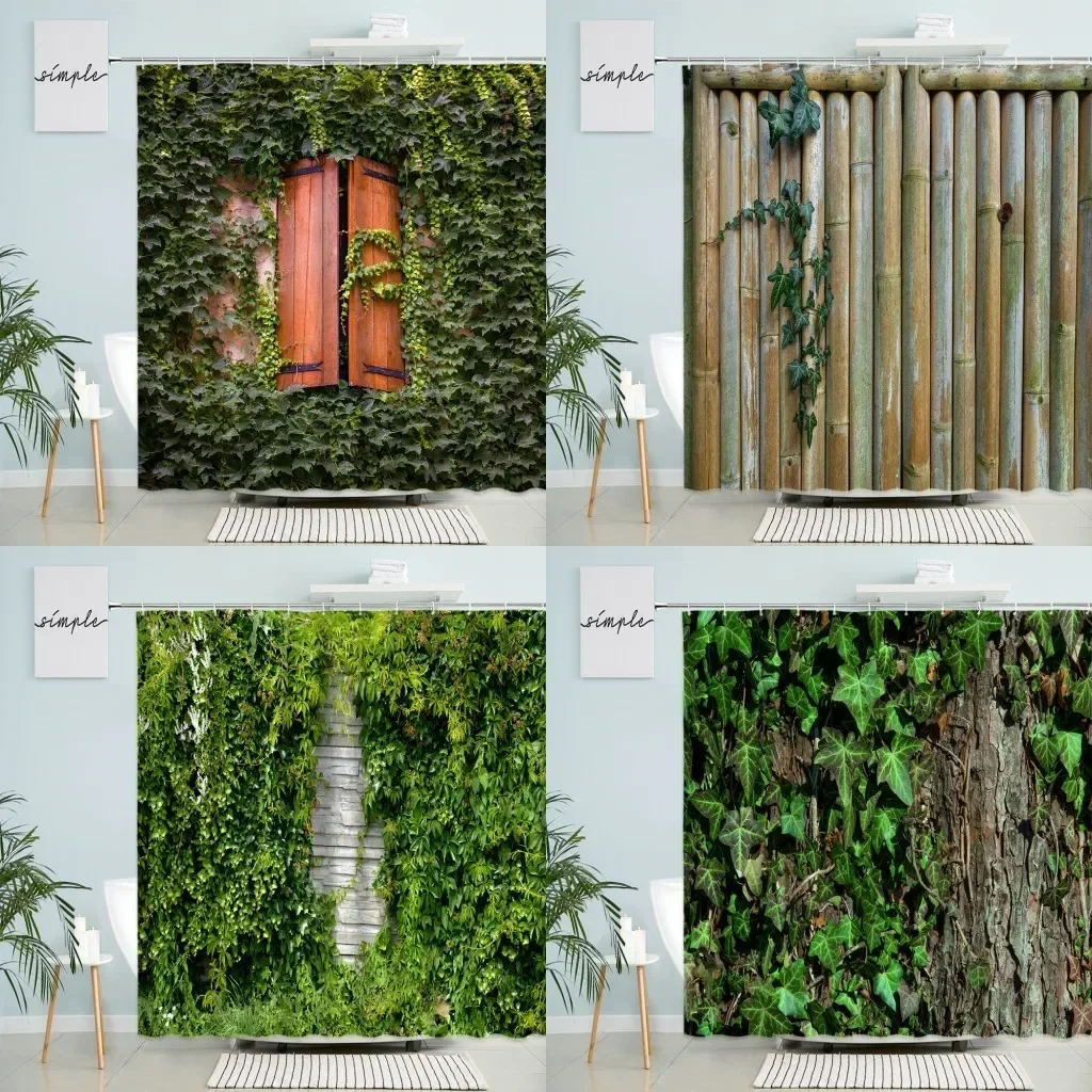 Vintage Old Wooden Window Wall Shower Curtain Natural Scenery Ivy Vines Bamboo Green Plants Bathroom With Hook Waterproof Screen