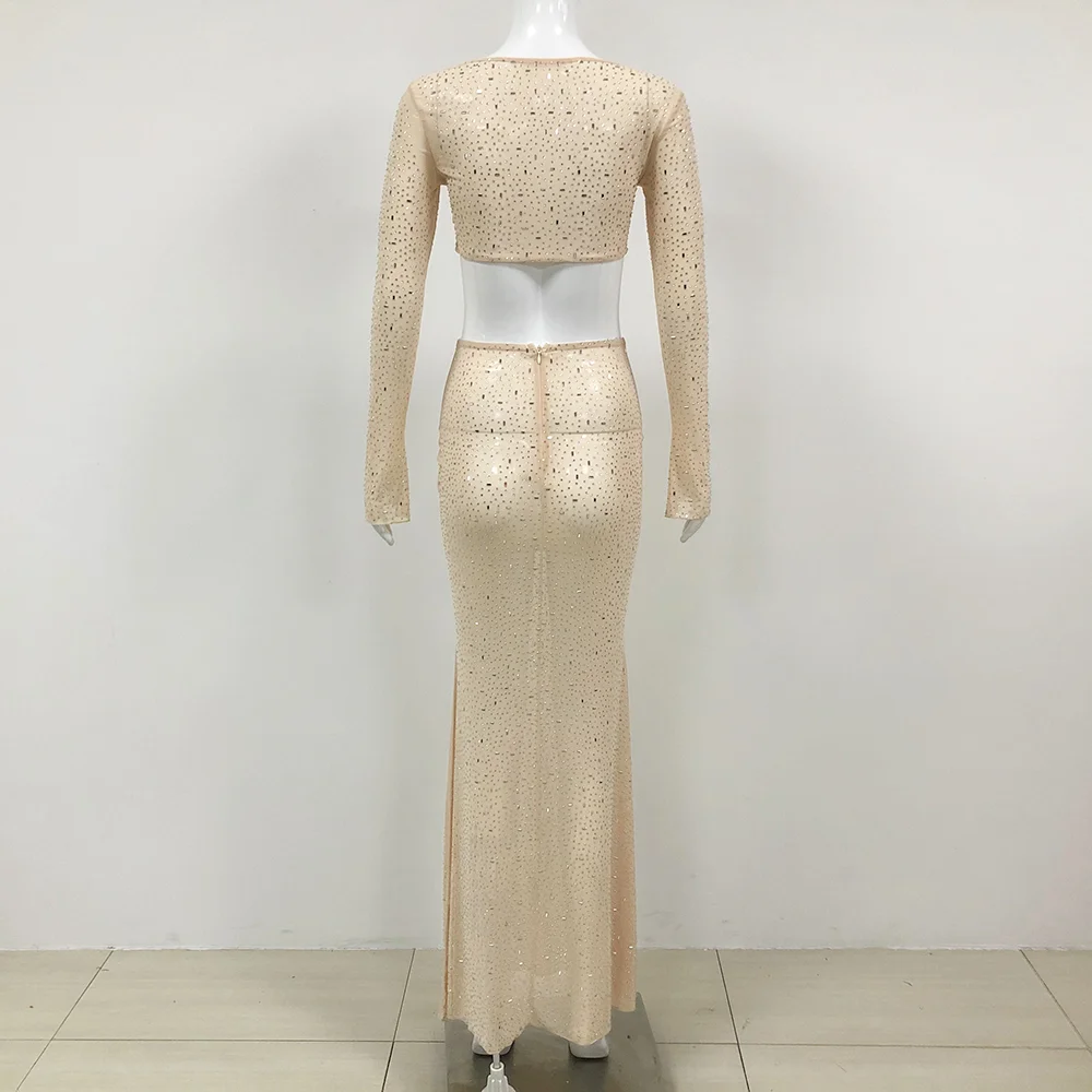 Ensemble de robe de bal 2 pièces avec cristaux pour femmes, haut à manches longues, jupe de fête, gaine fendue sexy, robe de soirée slim fit pour tapis rouge