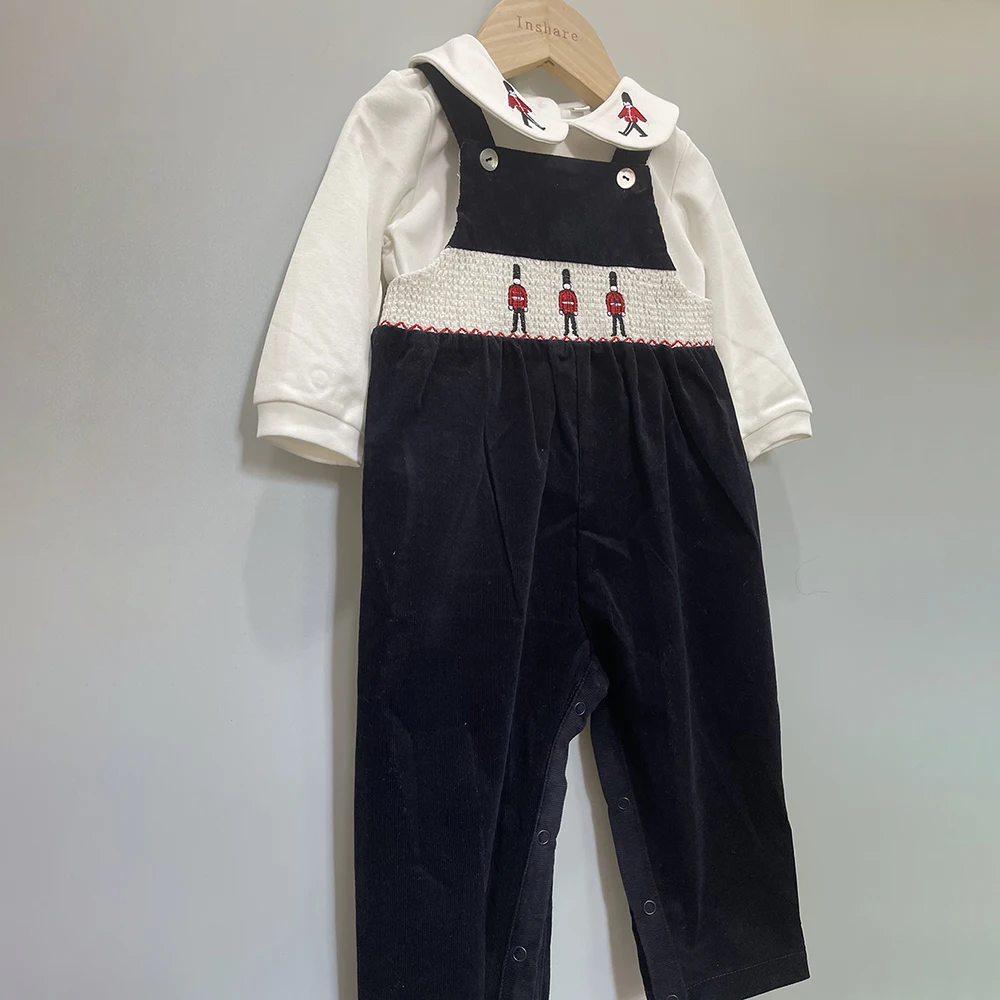 Baby Boy Christmas Set Suspenders Outfit Navy Blue Soldier Embroidered Corduroy Trousers British Jumpsuit Cut Children Boutique
