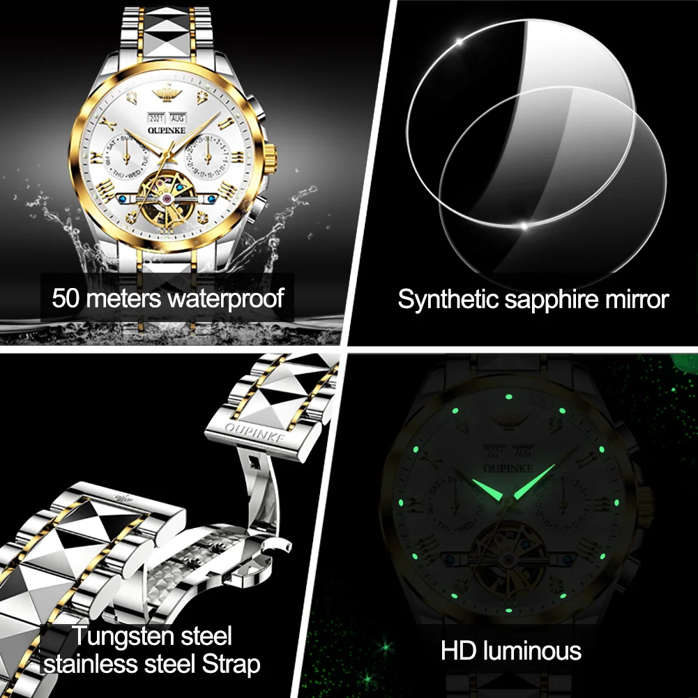 OUPINKE Couple Watch for Men Women Tungsten Steel Strap Sapphire Mirror Luxury Original Lovers Automatic Mechanical Wristwatches