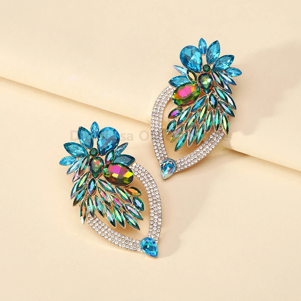 Charm Luxury Shiny Geometric Crystal Glass Decor Big Stud Earrings For Women Sexy Elegant Fashion Jewelry Statement Accessories