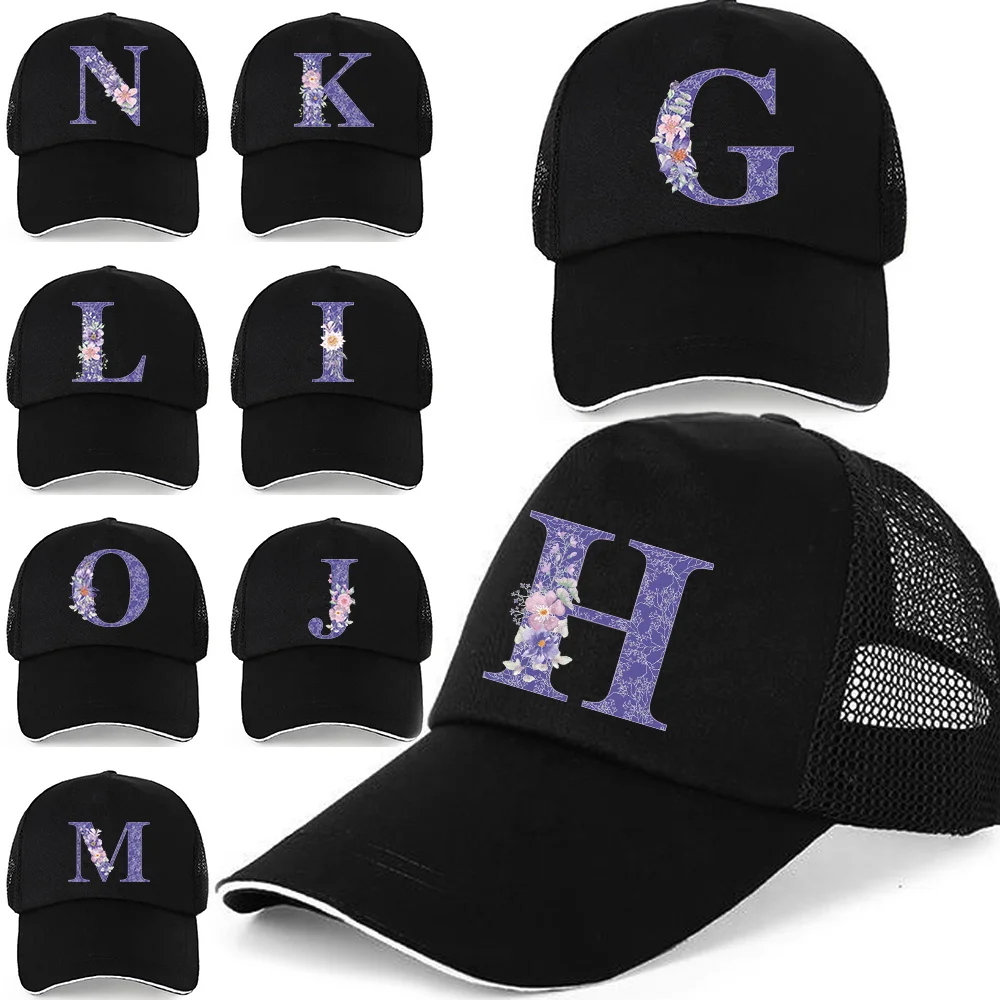 

Purple Flower Letter Breathable Adjustable Hats Baseball Cap Outdoor Sport Adjustable Pure Cotton Caps for Women Men Hip Hop