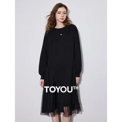 TOYOUTH Women Dress 2024 Autumn Winter New Mesh Splicing Round Neck Long Sleeve Casual Dress Black