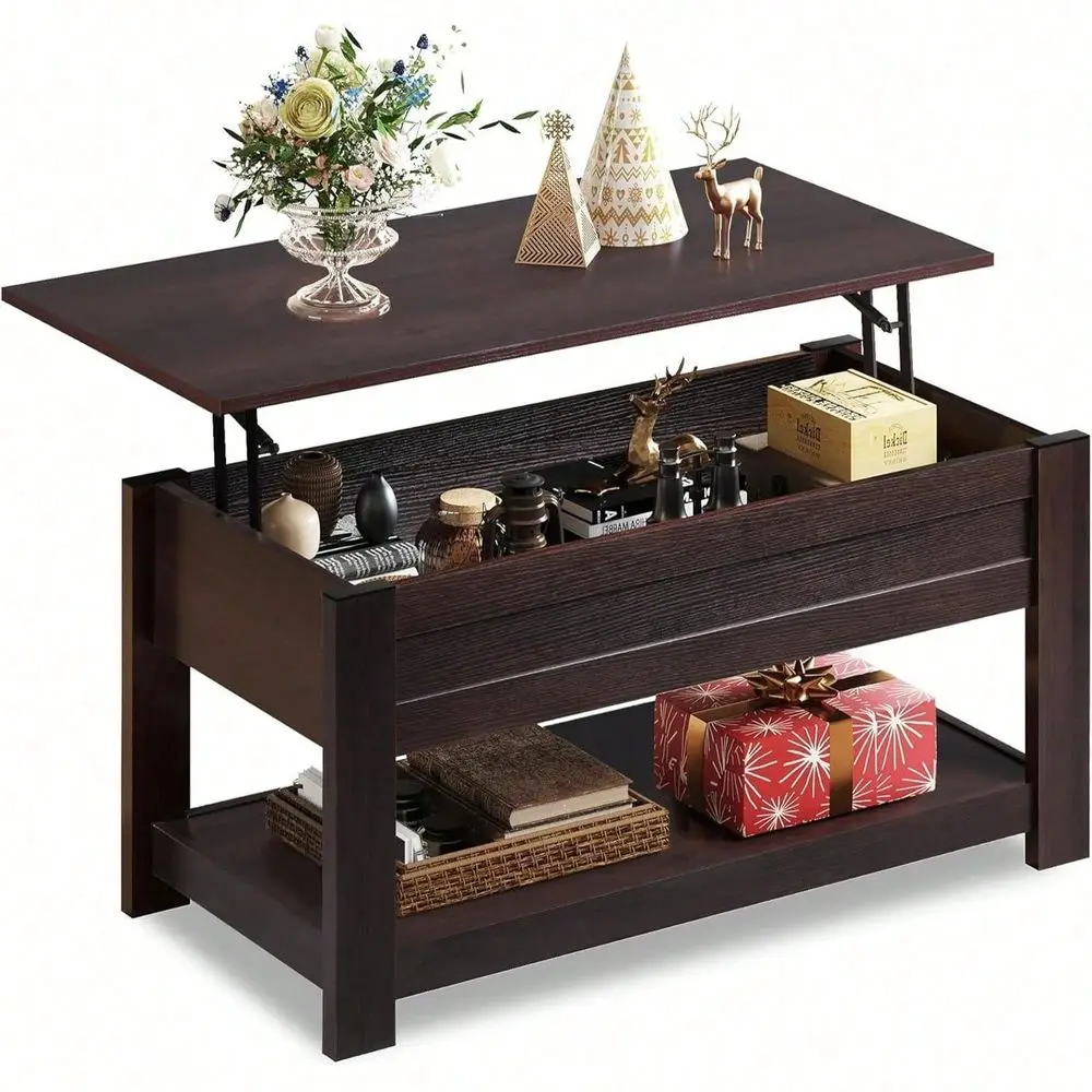 

Table, 39 Lift Top Coffee Table With Hidden Compartment And Storage Shelf For Living Room, RedBrown