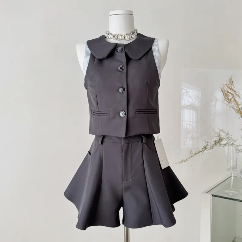 

High Quality Preppy Style Pant Sets Female Sleeveless Vest Top + Shorts Set Women French Summer Sweet Girl Lady Two Piece Outfit