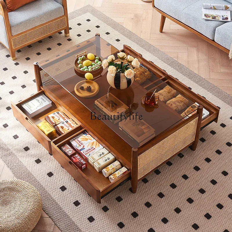 01Solid Wood Living Room Rectangular Rattan Glass Coffee Table Simple Side Table Modern Small Apartment Home