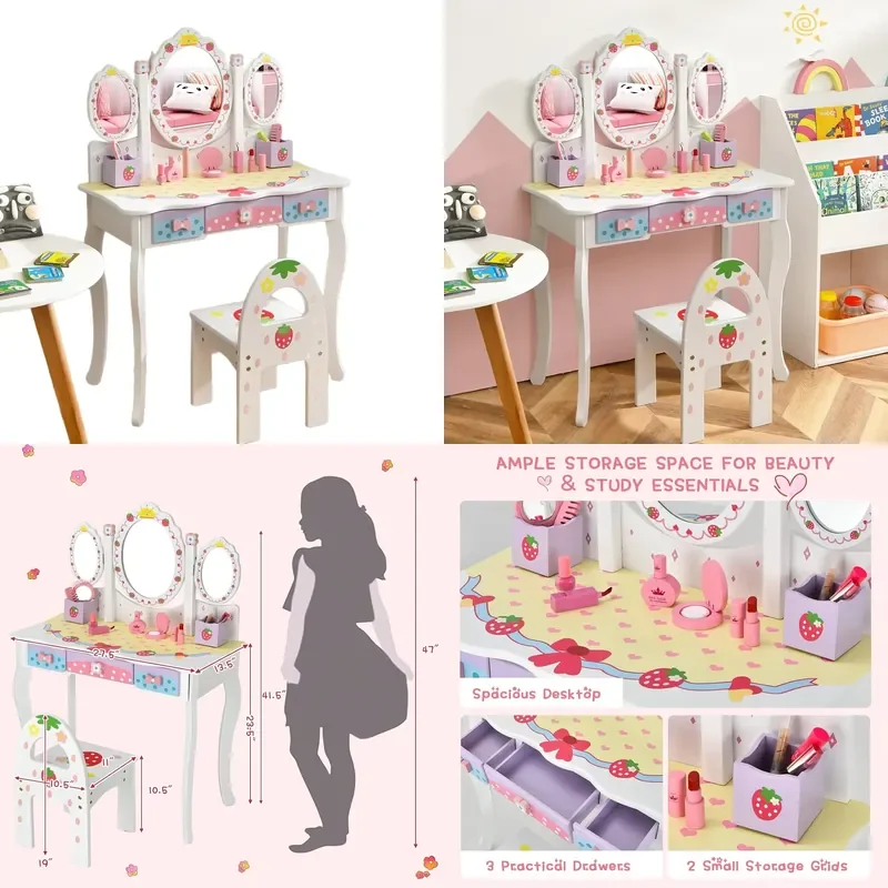 Green Wooden Kids Vanity Table with Mirror Princess Dresser for Girls Bedroom Playhouse Furniture Birthday Gift Toy Storage