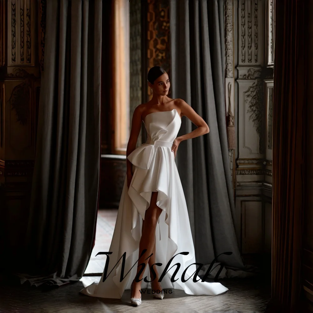 Wishah Customized Elegant Strapless Sleeveless Backless Lace-up Pleated Tiered High Low Bow Bridal Gown for Wedding Party 2027