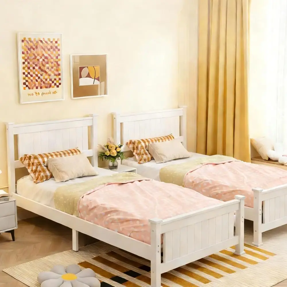 

Twin Size Solid Wood Bed with Board, Sturdy Minimalist Platform Bed for Kids and Adults, Crisp White