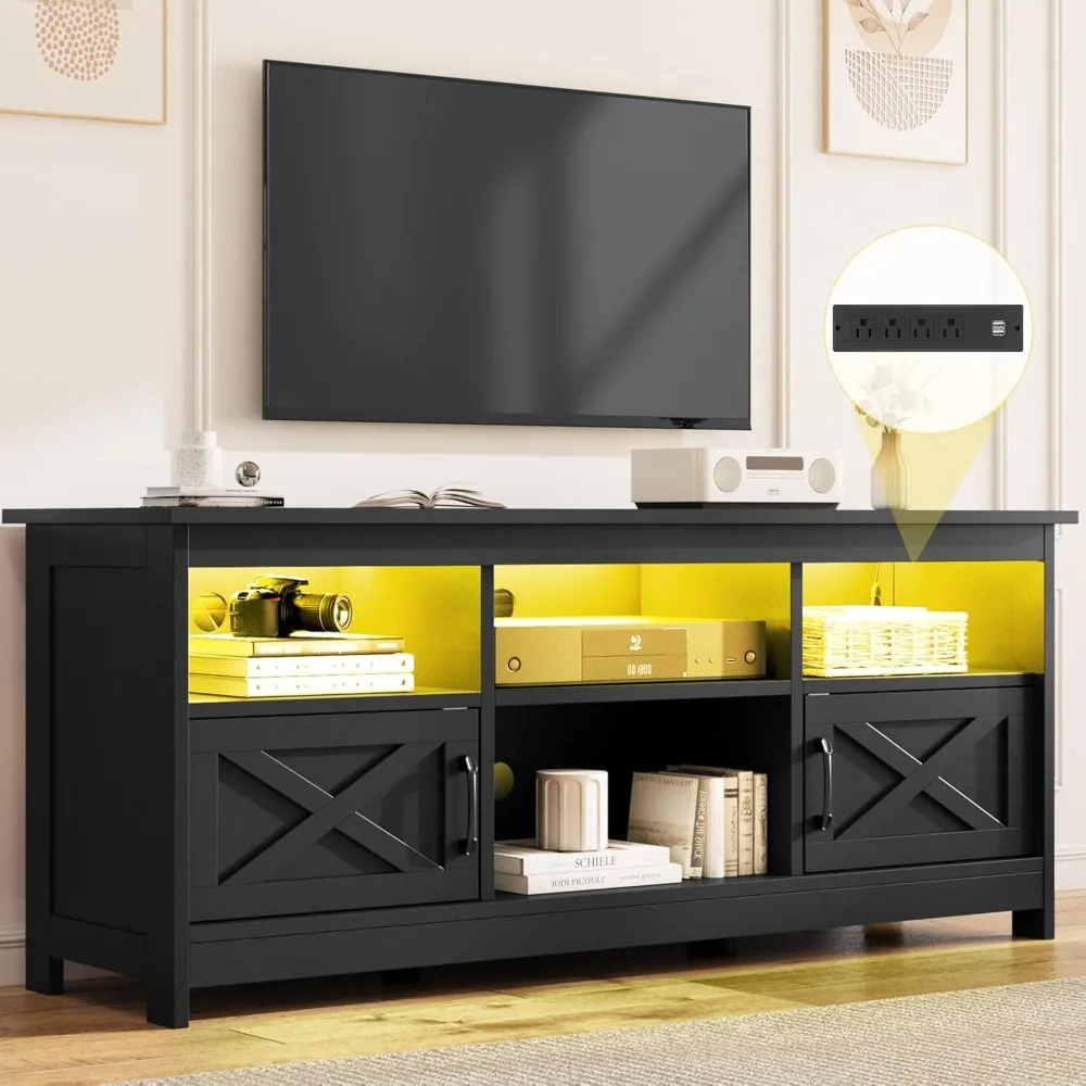 Farmhouse TV Stand for TVs Up To 65 Inch, Modern Entertainment Centre with Power Outlet, TV Shelf with Storage Cabinet