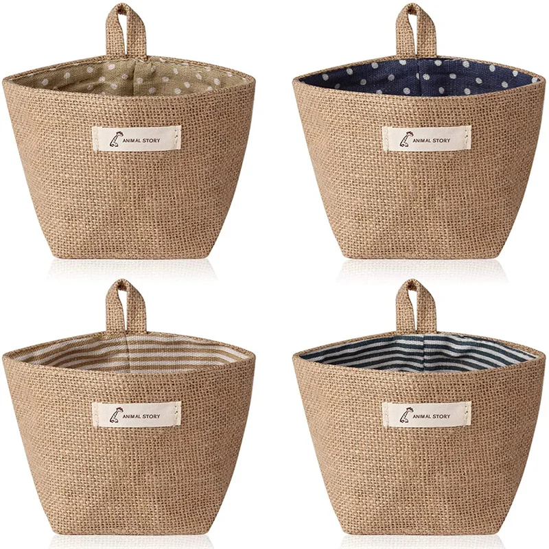 Hanging Basket Fabric Jute Storage Box Decor Bin Bag Folding Sundries Cosmetic Containers Organizer For Wall Door Closet