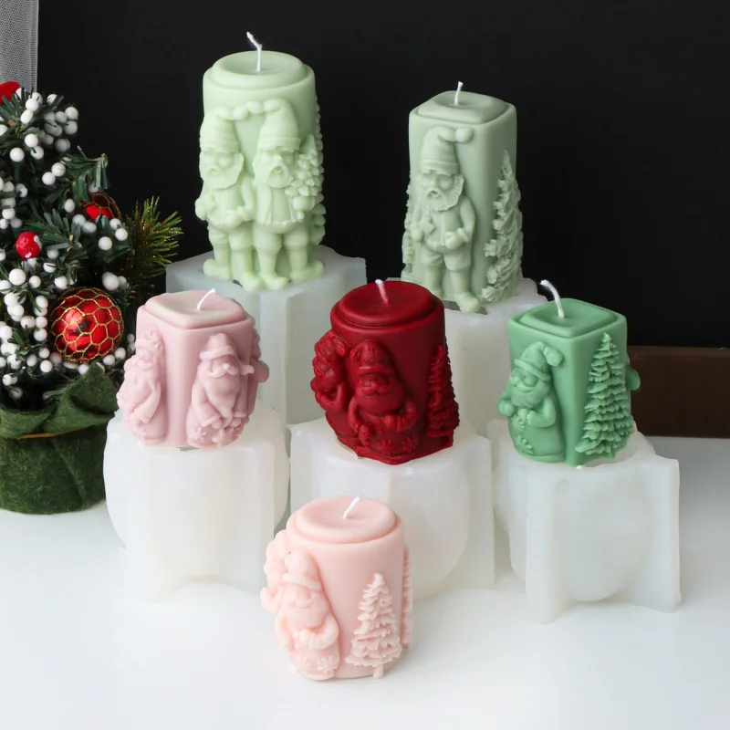 Relief Weihnachtsmann Weihnachtsbaum Zylindrische Duftkerze Silikonform Tannenzapfen Baum mit Schneesäule Harzform Weihnachtsgeschenk