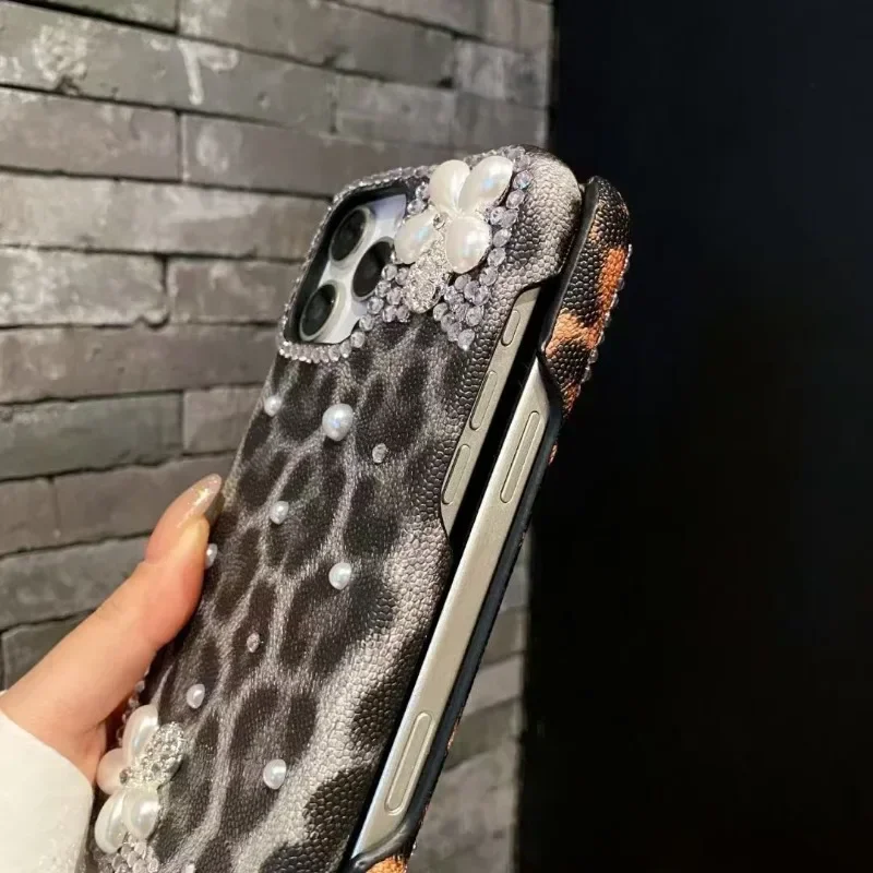 جديد آيفون 16pro جراب هاتف 15plus ليوبارد 14pro زهرة على شكل حجر الراين 13 12 مكافحة قطرة 11 XR ملابس جلدية الغطاء الواقي #6