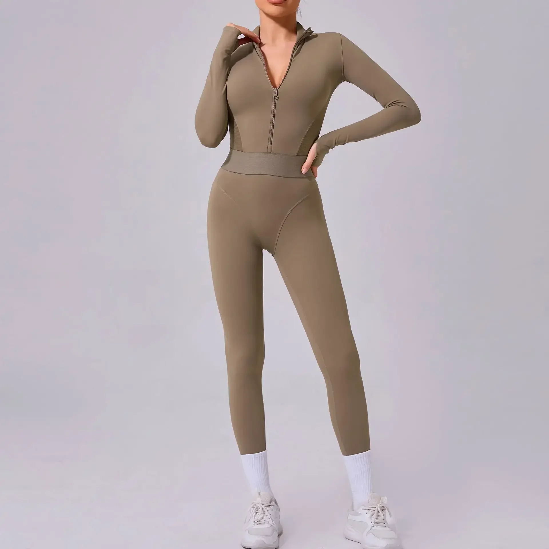 Mode Mesh Patchwork Ganzkörper Sport Overall Frauen Sportswear Lange Sleeve Zipper Bodycon Fitness Overalls Gym Yoga Kleidung