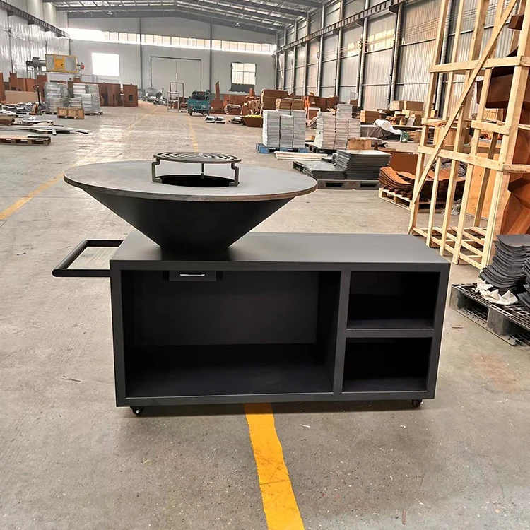 Modern Corten Steel Fire Pit Barbecue Outdoor Grill with Trolley-Large Capacity for 5+ People