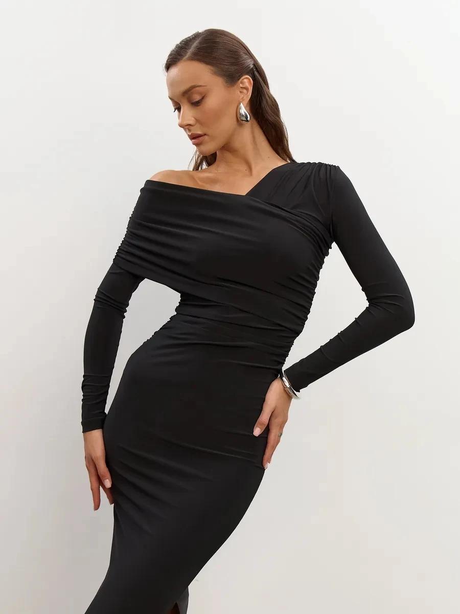 Women's Fashion Trendy Evening On One Shoulder Long Evening Dress Women's Y2k Sexy Night Club Knitted One Shoulder Solid Dress