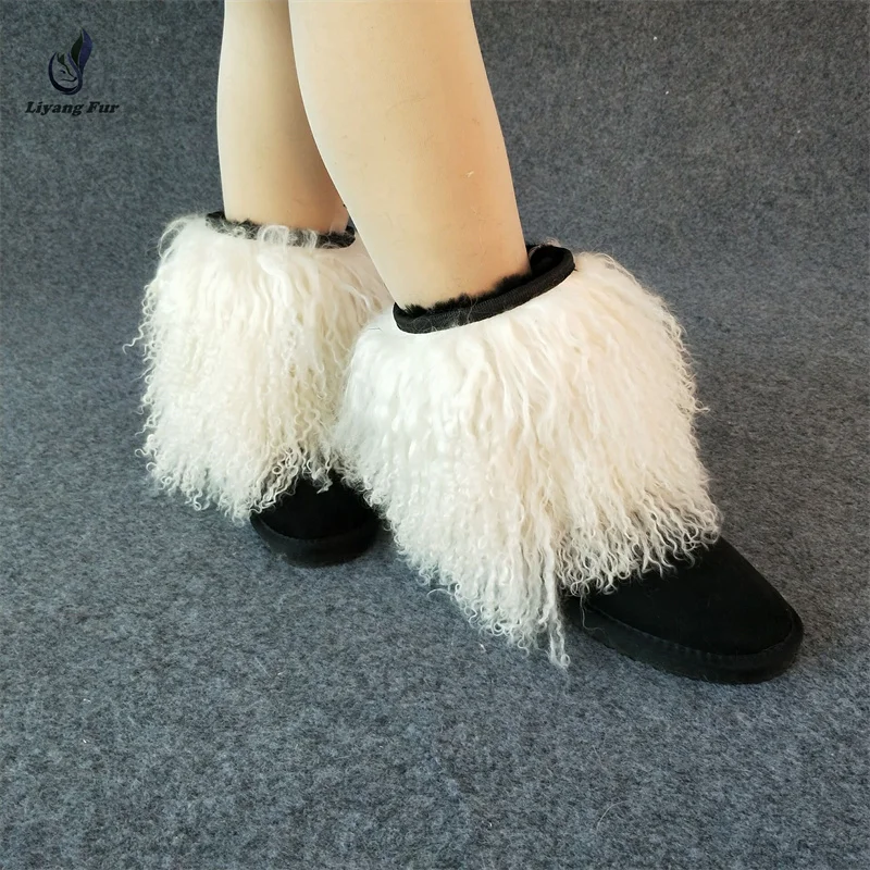 Woman Fluffy Curly Lamb Fur Snow Boots Luxury Fashion Winter Mongolian Fur Shoes