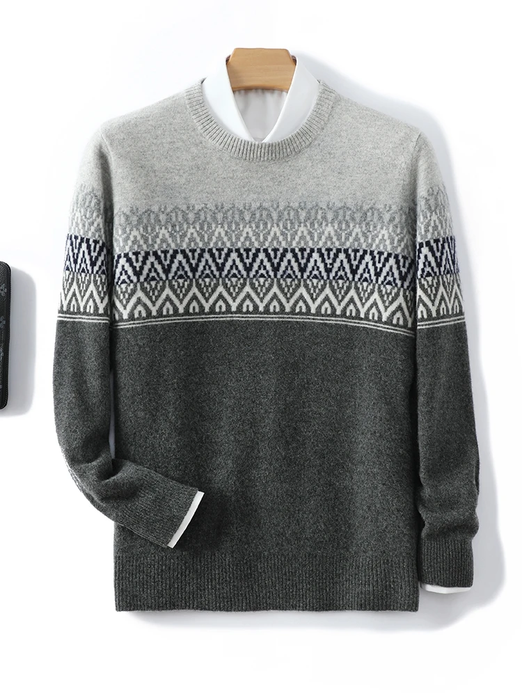 Autumn Winter Men O-neck Wool Pullovers Fair Isle Sweater Casual Vintage Christmas style Cashmere 100% Merino Wool Knitwear Tops