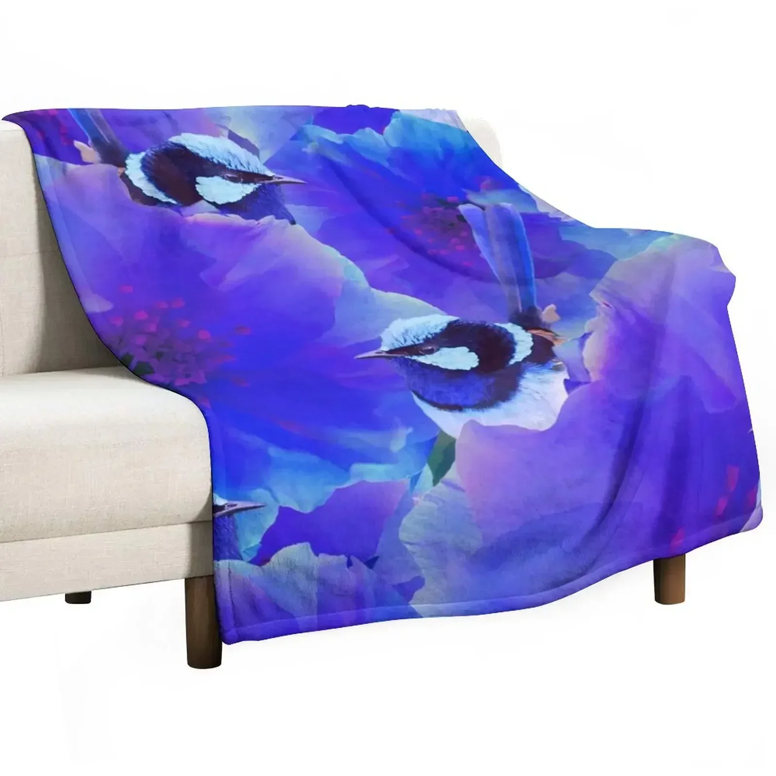 Bluetiful - Spot the Wren - Blossom Floral & Blue Wren Behind Black Throw Blanket Blankets For Baby blankets and throws Blankets