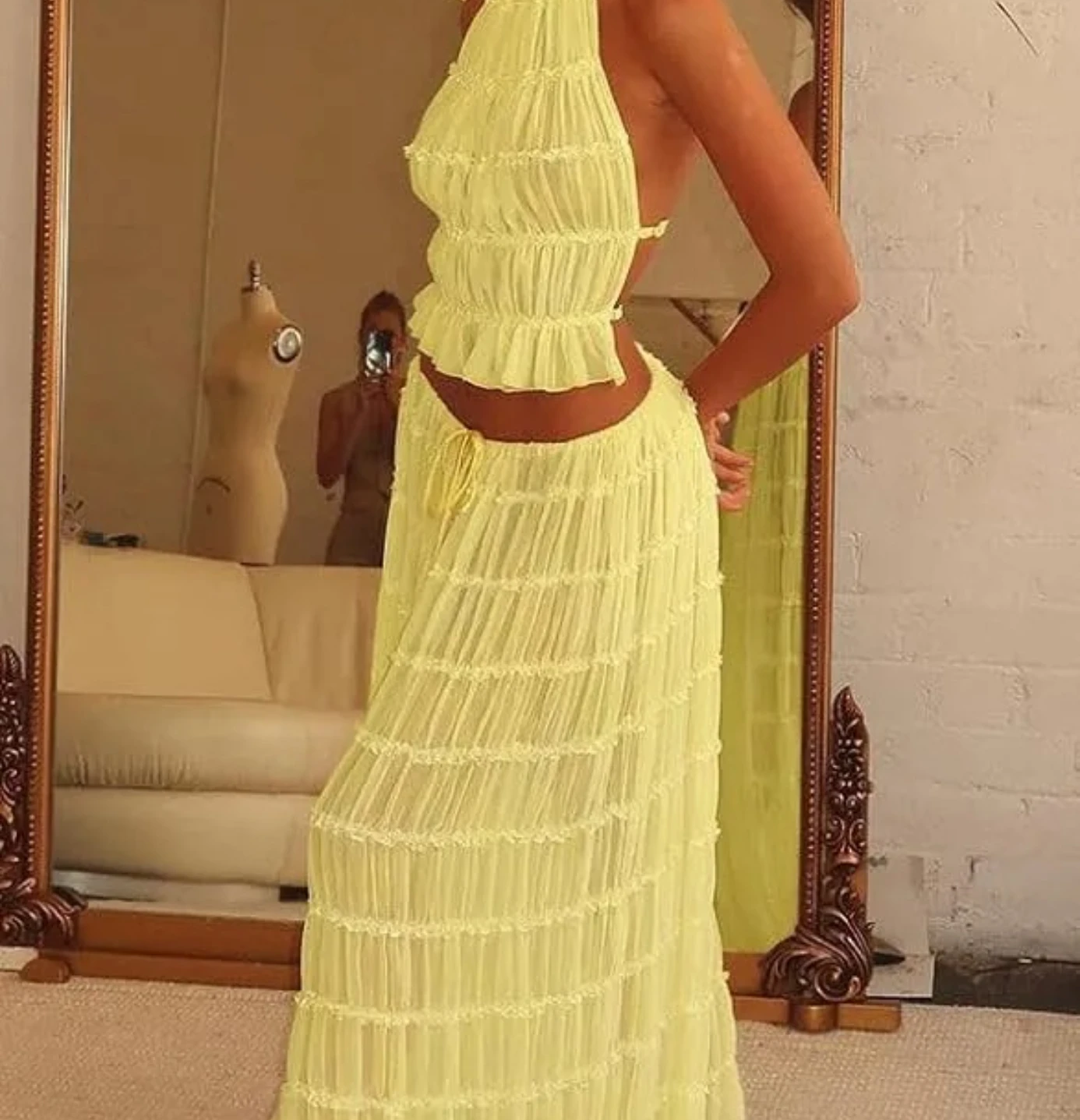 2Piece Skirt Set for Women Lace Up Back Tank Tops Tie Up High Waist Long Skirts Outfits Fairy Vacation Cottagecore Dress