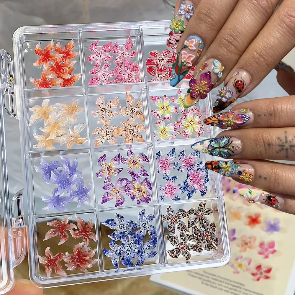 

12 сеток, кристаллы льда, цветок дьявола, плоская задняя часть, подвески для дизайна ногтей, пятнистый леопардовый цветок лилии, стразы для ногтей, детали для маникюра с цветами