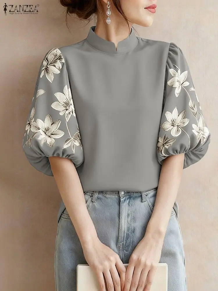 ZANZEA Blus Wanita Elegan Atasan Kasual Lengan Setengah Lentera Motif Bunga Kerah Berdiri Mode Pakaian Wanita Musim Semi 2025 S-3XL