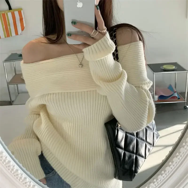 Deeptown Elegant Sweater Women Korean Style Off Shoulder Knitted Female Jumper Vintage Autumn Knitwear Harajuku Fashion Pullover