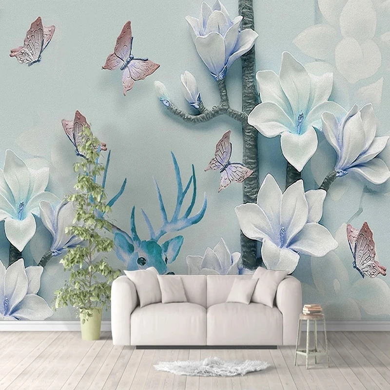 Custom 3D Wallpaper Modern Relief Magnolia Flower Butterfly Mural Living Room TV Sofa Bedroom Home Decor Papel De Parede 3D Sala