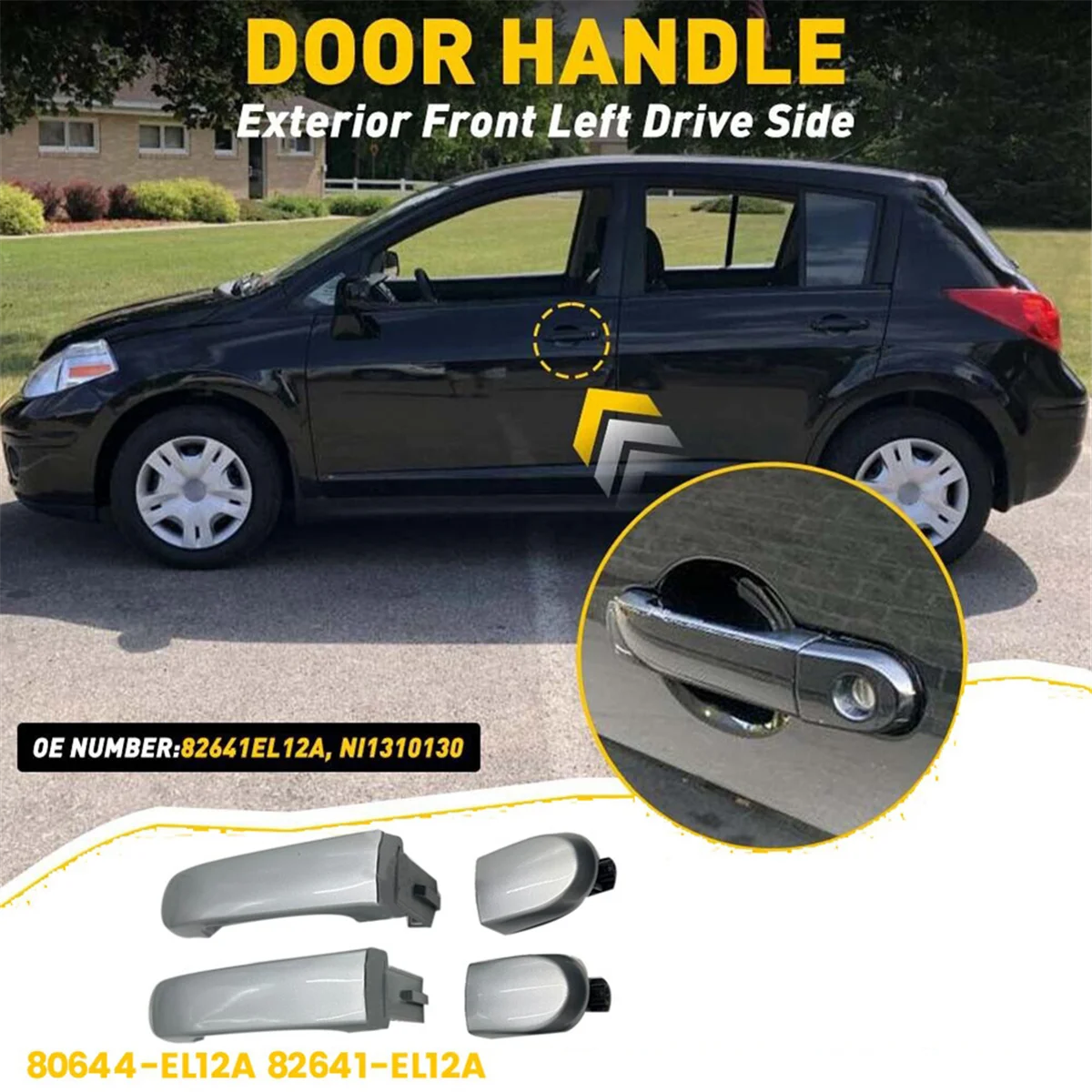 1Pair Front Outside Outer Exterior Door Handle 80644-EL12A 82641-EL12A for Nissan Versa 2007-2012 Puller FL+FR Silver