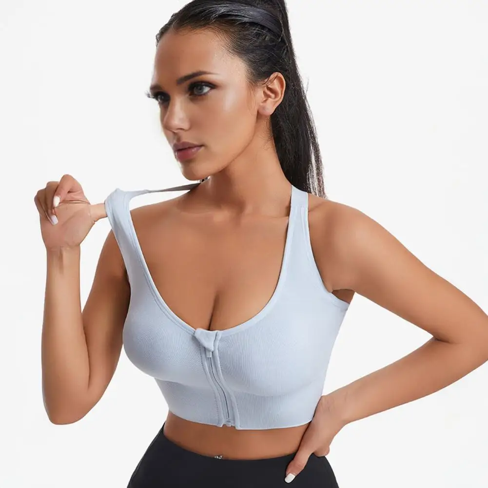 Sujetador deportivo antideslizante con cierre frontal para mujer, sin aros, con relleno, soporte, tirantes, espalda con tiras, ideal para yoga, actividades atléticas y entrenamientos de alto impacto.