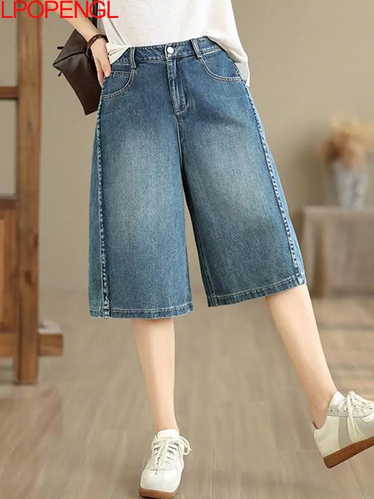 

Woman Fashion Denim Shorts Summer oversize Wide Leg Pants Straight Button Vintage Large patchwork pocket loose High Waist Jeans