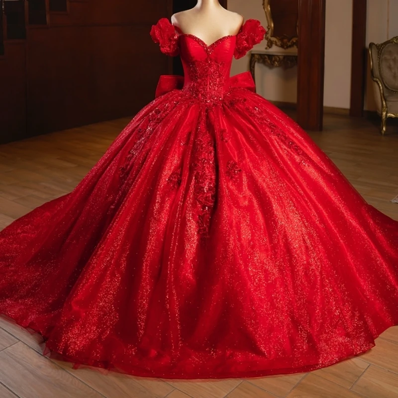 Vestidos De quinceañera rojos brillantes con hombros descubiertos, apliques De cuentas De encaje, lazo De tul, fiesta De cumpleaños, dulce 16, Vestidos De 15 De Anos