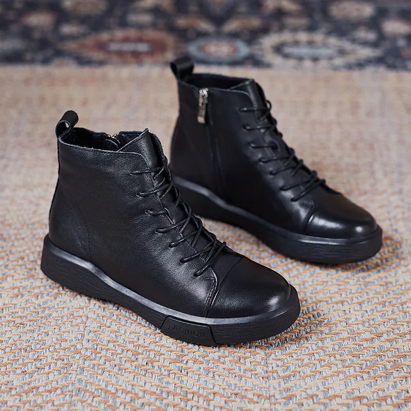 DRKANOL 2025 Fashion Women Flat Ankle Boots 100% Cow Genuine Leather Round Toe Autumn Winter Warm Casual Short Boots Black Brown - view 4