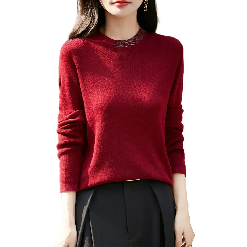 

Fashionable Diamond Collar Design Premium Spun Wool Base Layer Women's Cashmere Knitted Long Sleeve round Neck Pullover