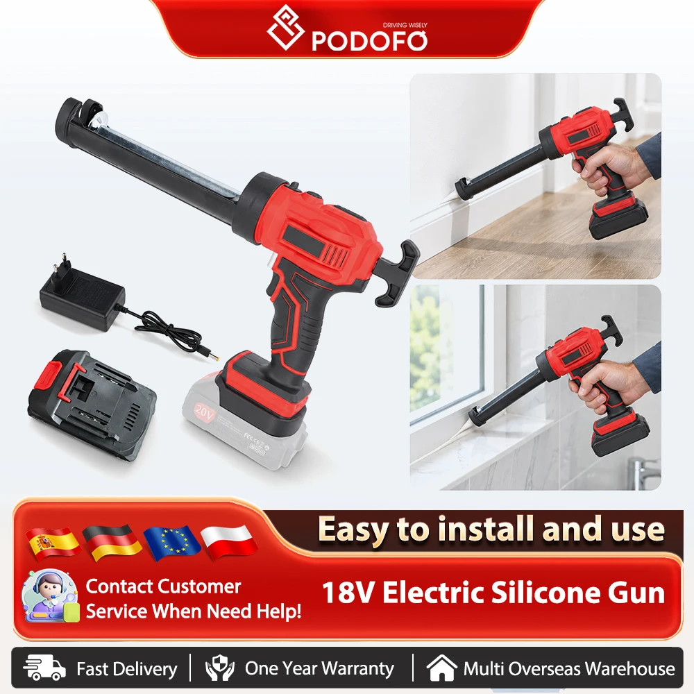 Pistola elettrica per colla Podofo, pistola elettrica per silicone, pistola per vetro per porte e finestre, macchina da cucire con luce LED, pistola per colla ricaricabile con display LED e velocità