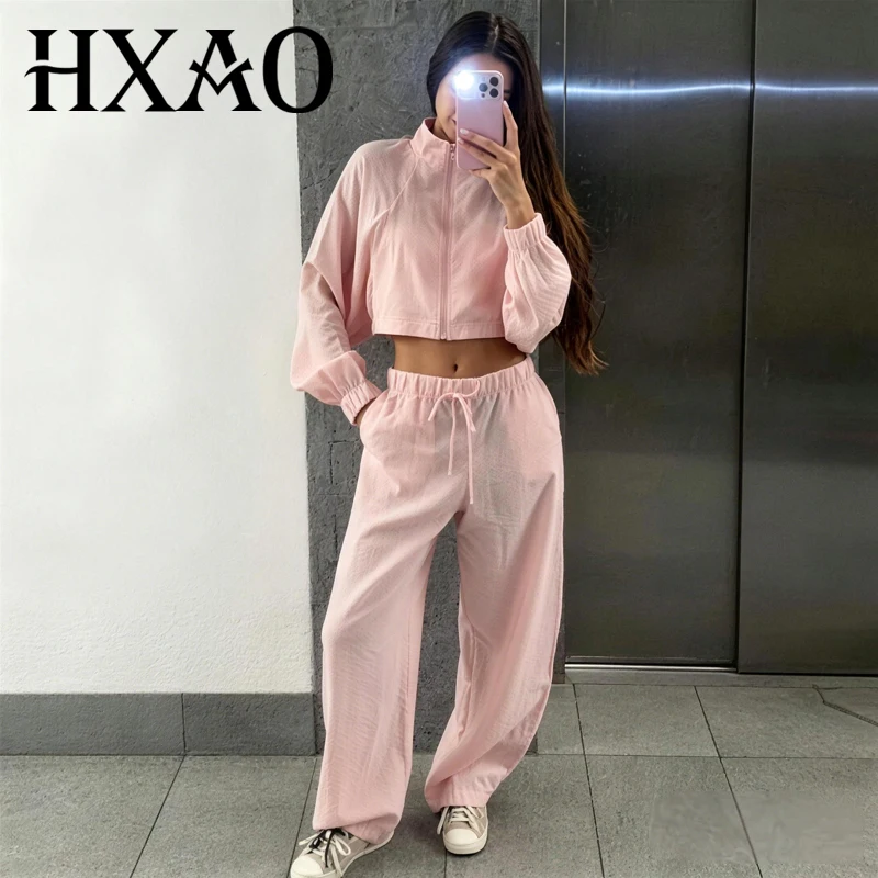 

HXAO Women's 2 Piece Tracksuit Set Cropped Jacket Pants Sets Summer Long Sleeve Zip Up Top Wide Leg Trouser Suit Pink Sportswear