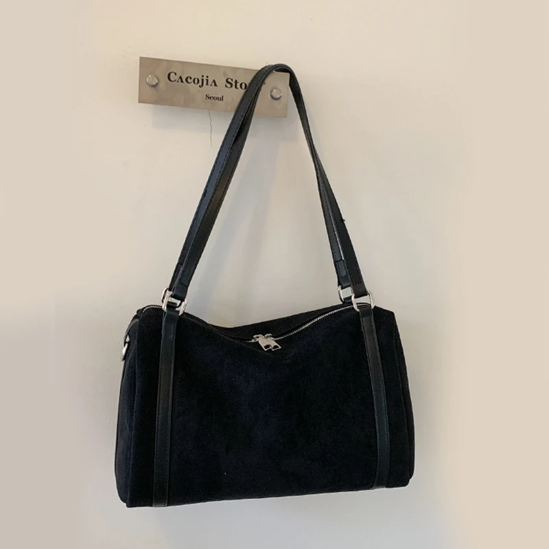 Damen-Handtaschen mit großer Kapazität, lässige Retro-Umhängetaschen aus Wildleder mit Reißverschluss, einfarbige Schultertaschen für den Alltag. – Detail 25