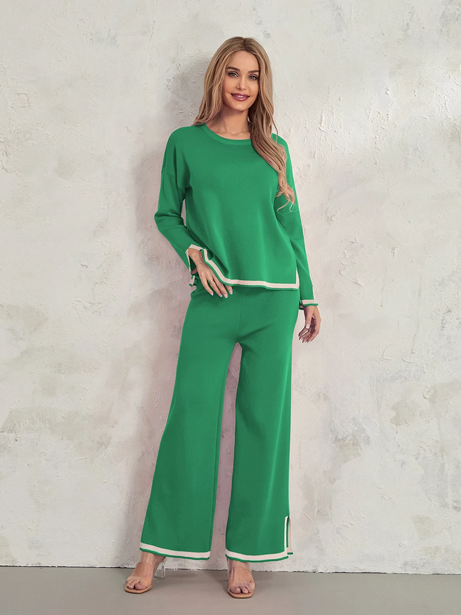 wsevypo Women\'s Autumn 2Pieces Knit Pants Suits Elegant Fashion Patch Color Long Sleeve Pullover Jumpers+Wide Leg Long Pants