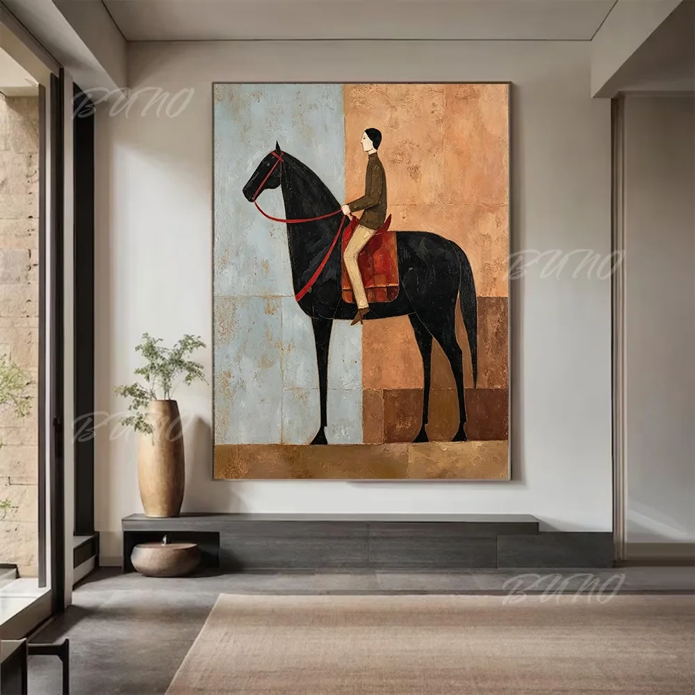 100% Hand-painted Abstract Oil Painting Original Black Horse Rider Mid-century Wall Art For Home Living Room Bedroom Decor