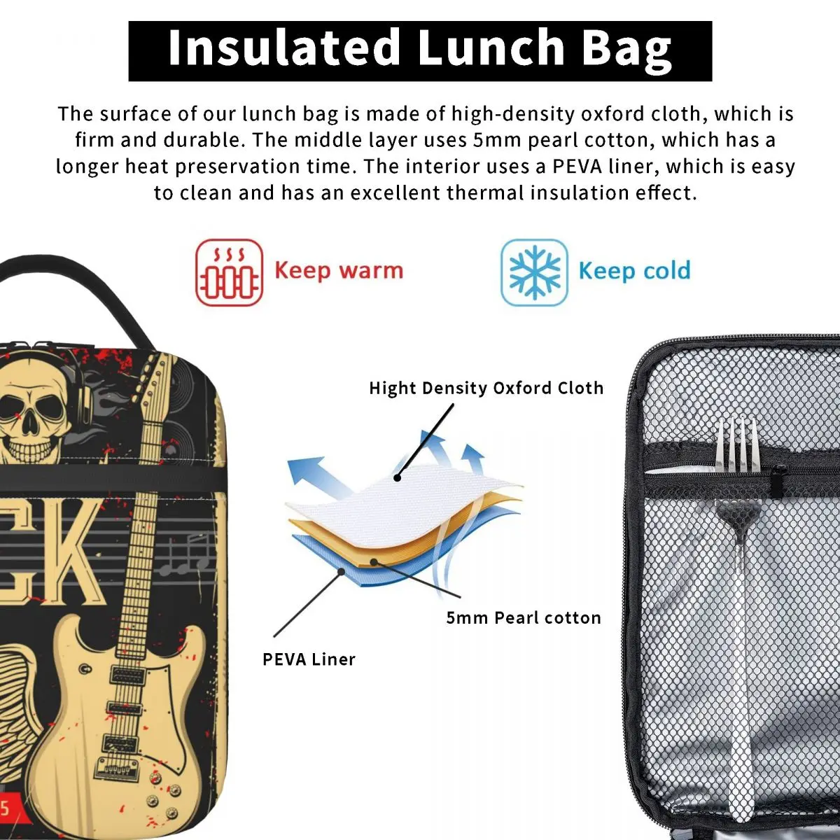 Skull Guitar Rock Festival Thermal Insulated Lunch Bag Women Heavy Metal Punk Music Portable Lunch Tote Multifunction Food Box